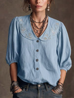 Retro Peter Pan Collar Linen And Cotton Shirt