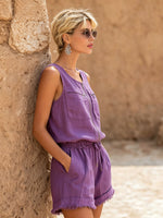 Front-zip Cotton-linen Sleeveless Top + Frayed-hem Shorts Set
