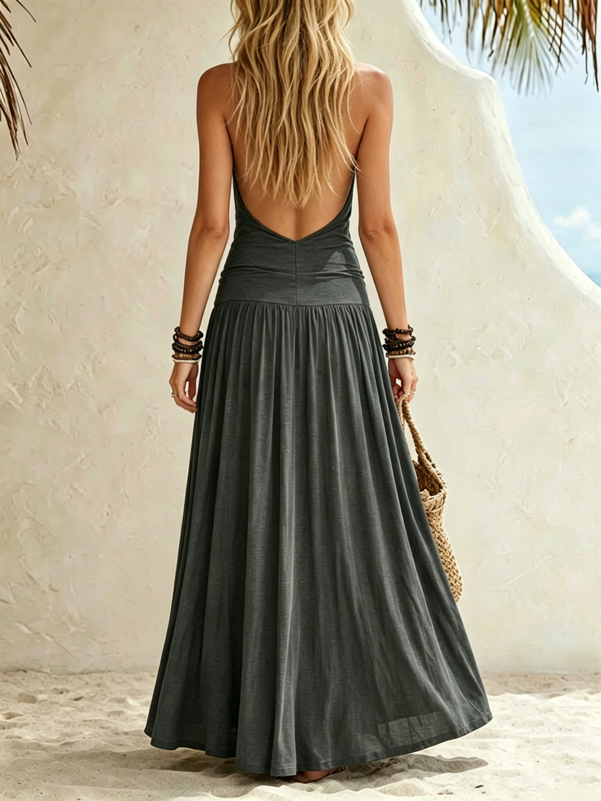 Vestido de vuelo sin mangas con escote halter cruzado y fruncido