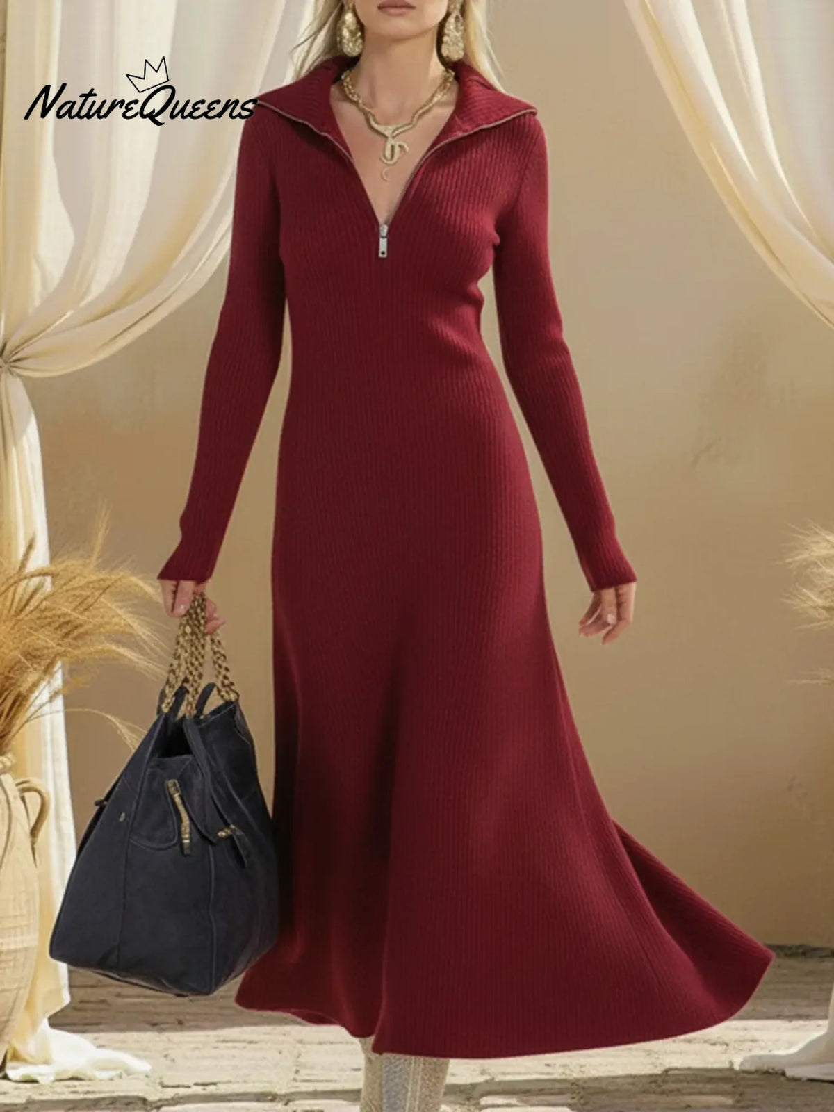 Cozy Stand Collar Zipper Knit A-line Dress