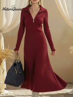 Cozy Stand Collar Zipper Knit A-line Dress