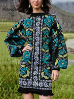 Women's Retro Floral Ethnic Print Stand Collar Long Sleeve Casual Loose Knit Dress