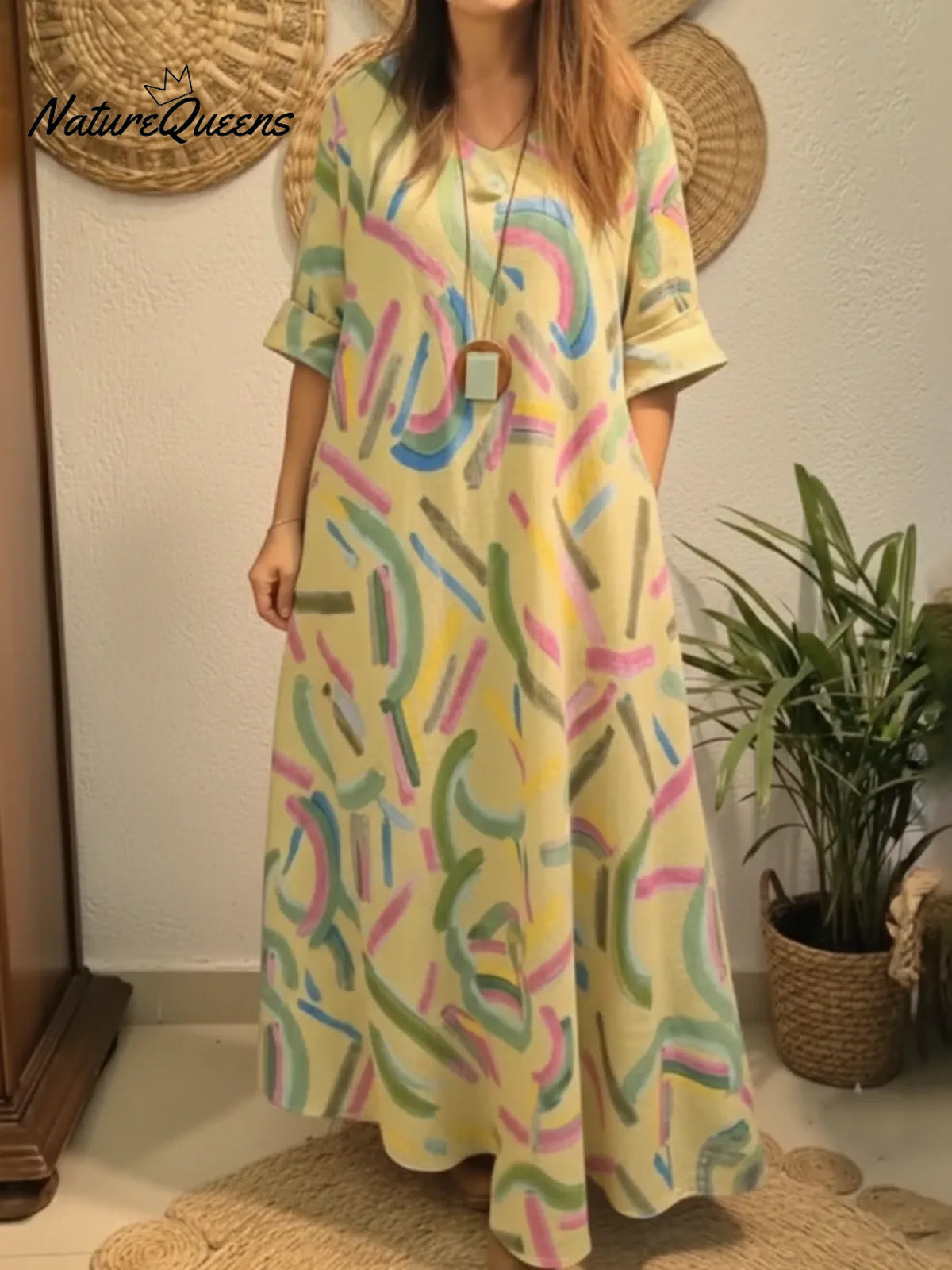 Artistic Colorful Brushstroke Print Loose Linen Dress