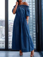 Women's Pleated Solid Color Split-joint Stretch Elastic Off-the-shoulder Jumpsuits