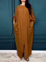 Women's Solid-color Round-neck Casual Loose Cotton-linen Dress