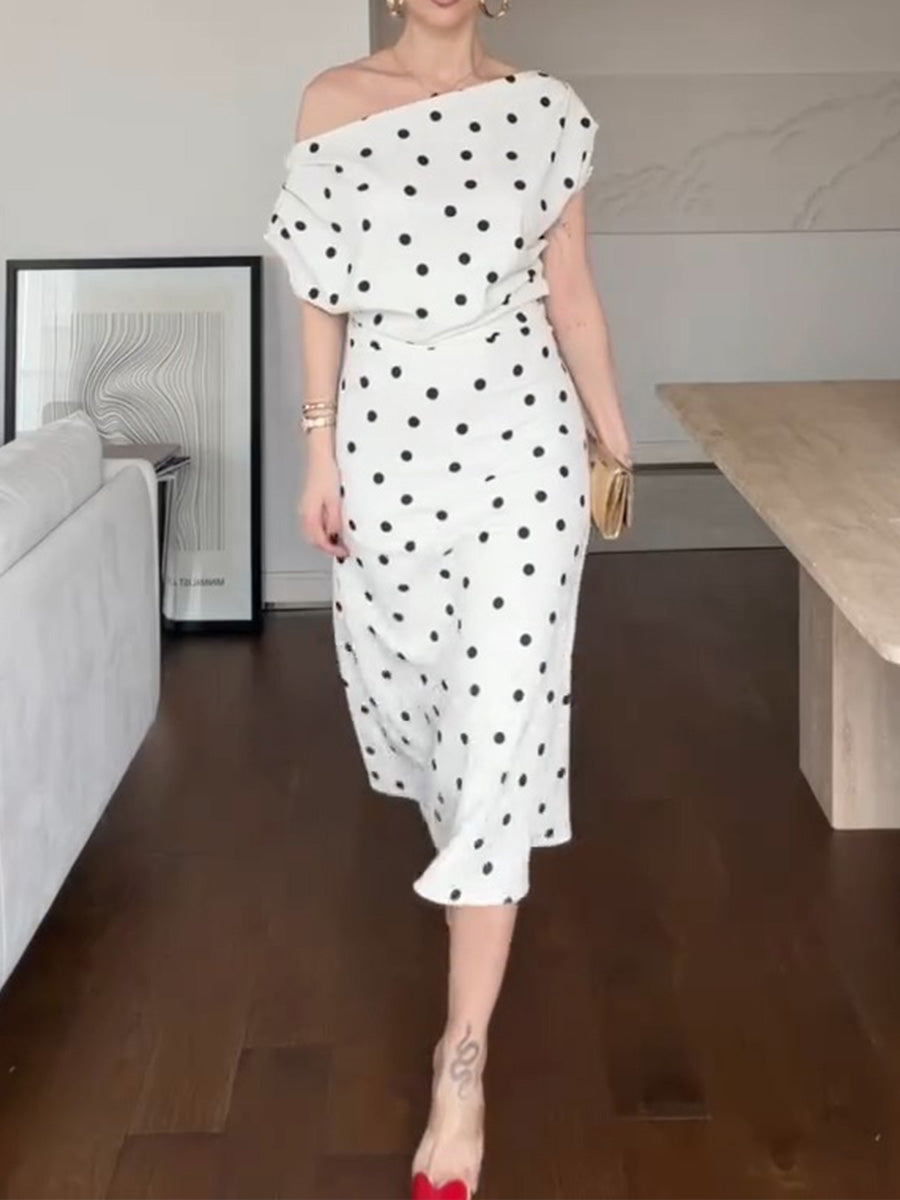 Women's Polka Dot Print Round-neck Short-sleeve Slim-fit Dress