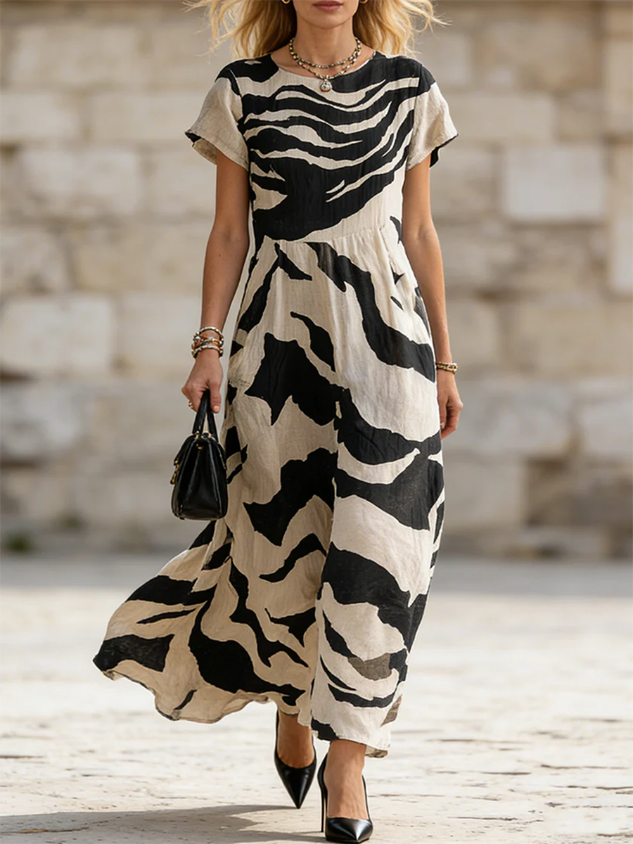 Artistic Zebra-print Cotton-linen Dress