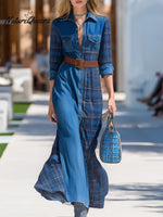 Women's Plaid Patchwork Shirt Collar Long-sleeved Casual Loose Cotton And Linen Dress