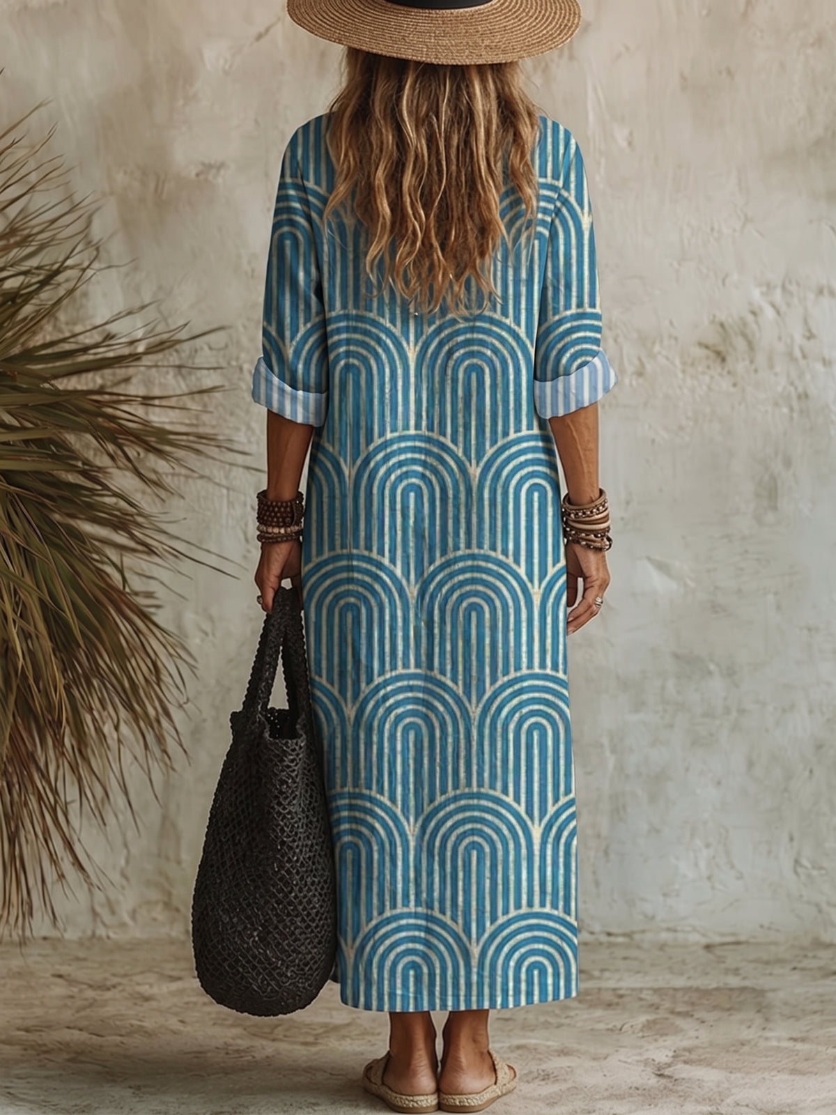 Women's Retro Geometric Print Casual Cotton-linen Maxi Dress