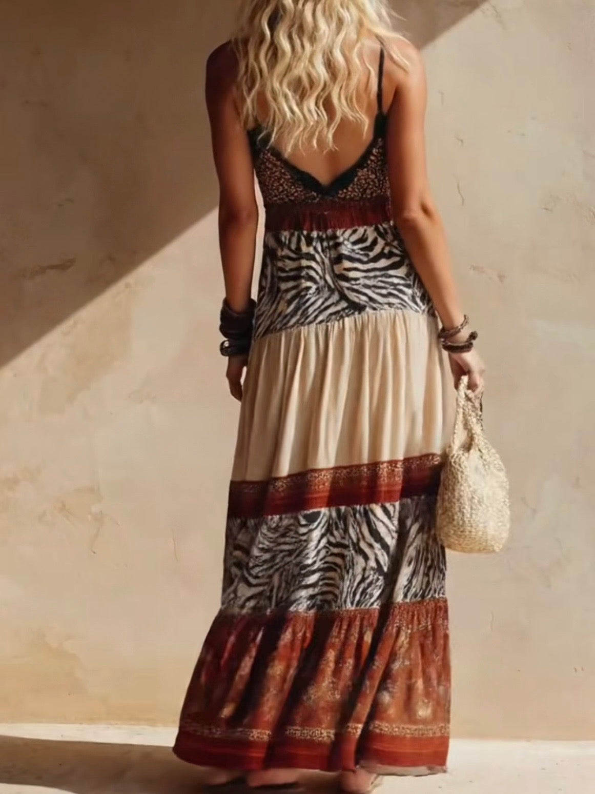 Animal Print Patchwork Lace Trim Halter V-neck Boho Maxi Dress