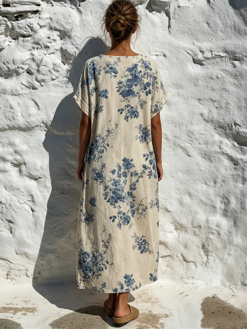 Women's Vintage Floral Print Cotton-linen Maxi Dress