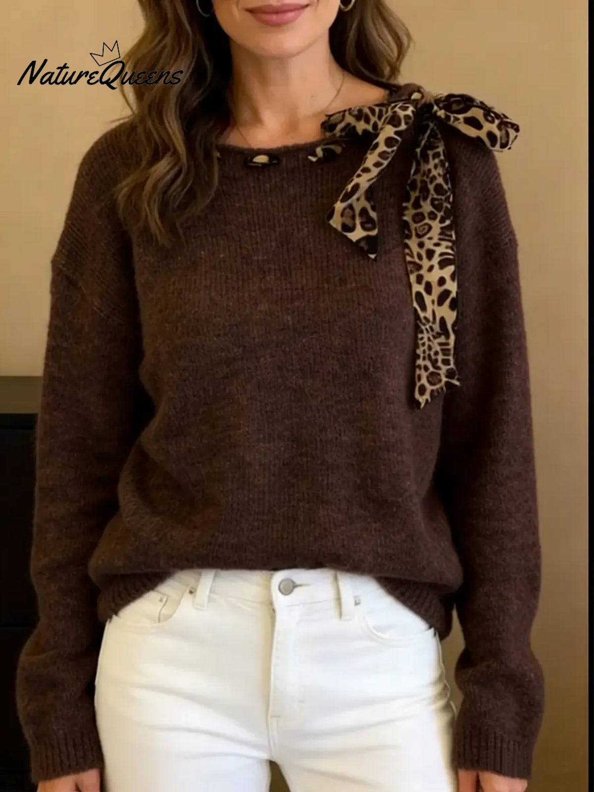 Women's Round Neck Long-sleeved Leopard Print Bow Tie Casual Loose Knit Pullover
