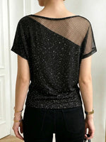 Sparkly Casual Spliced mesh & Knit Stretch Cotton Top