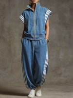 Women's Stand-collar Short-sleeved Casual Loose Denim Top And High-waisted Wide-leg Jeans Set.