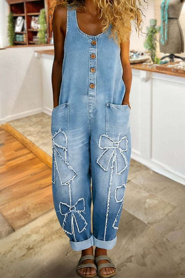 Distressed Bow Sleeveless Print Jumpsuit