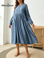 Women's Solid Color Round Neck Long-sleeved Casual Loose Cotton And Linen Dress