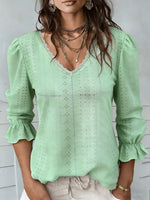 Women's V-neck Openwork Casual Mid-sleeve Shirt