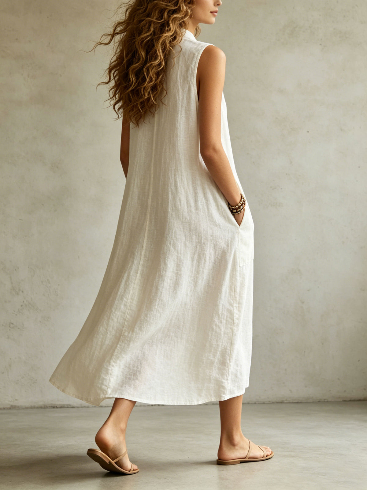 Vestido largo informal sin mangas de algodón y lino con bolsillos para mujer.