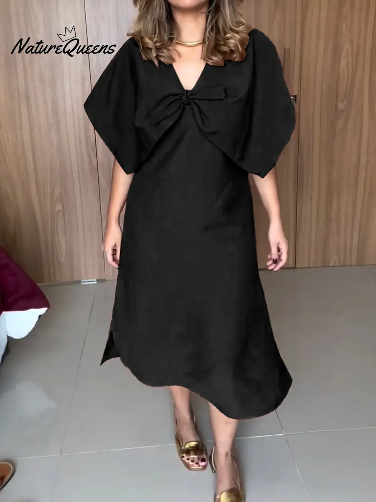 Women's Solid Color V-neck Short-sleeve Casual Loose Cotton Dress