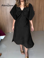 Women's Solid Color V-neck Short-sleeve Casual Loose Cotton Dress