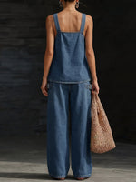 Women's Casual Denim Set: Square-neck Sleeveless Loose-fit Top & High-waisted Wide-leg Pants