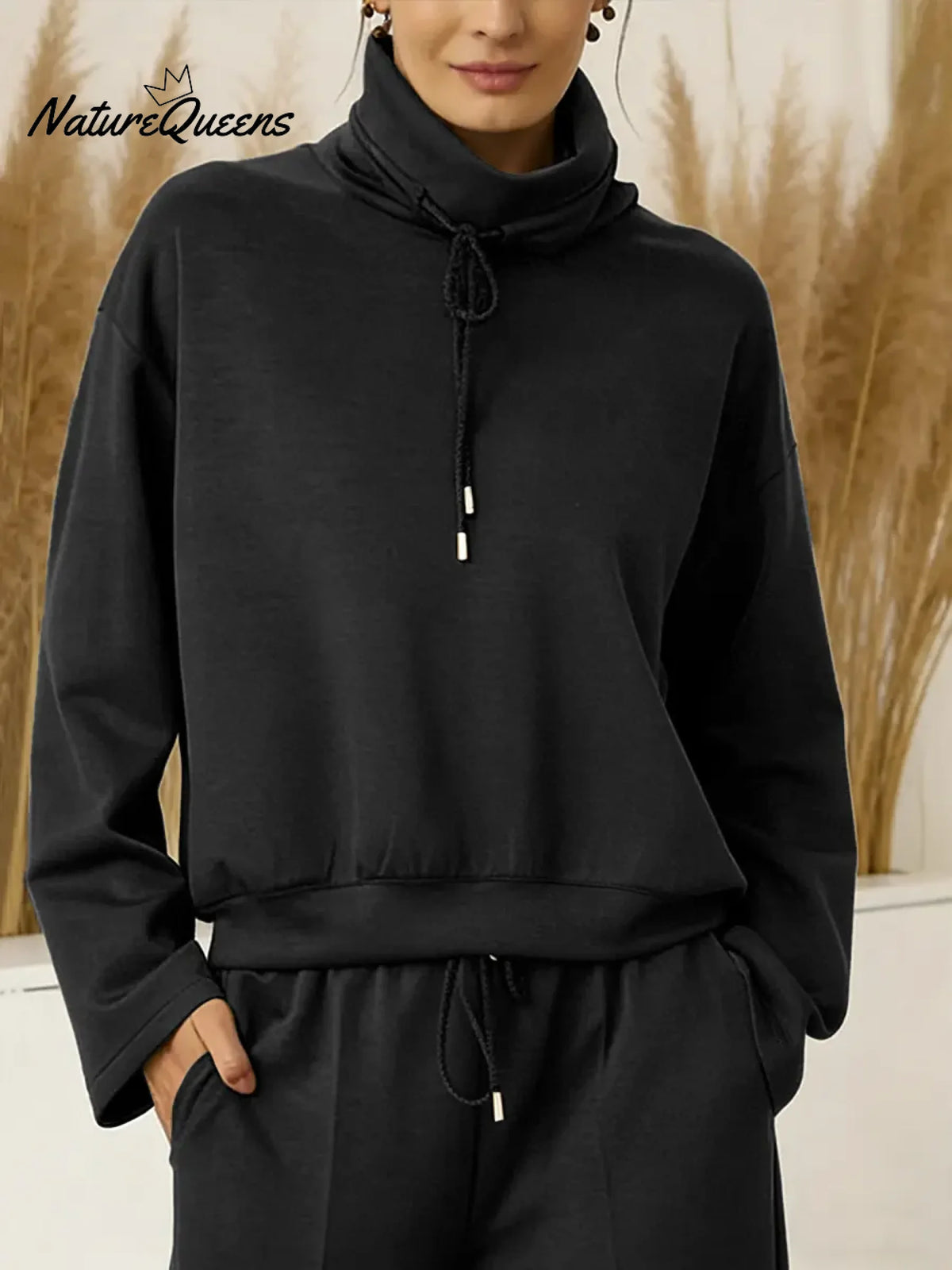 Women's Solid Color High-neck Drawstring Long-sleeve Casual Loose-fitting Sweatshirt