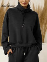 Women's Solid Color High-neck Drawstring Long-sleeve Casual Loose-fitting Sweatshirt