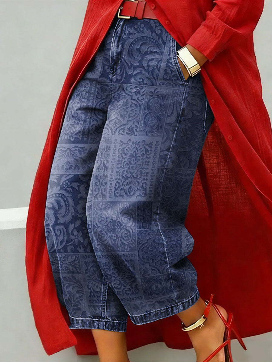 Women's Elegant Floral And Botanical Patchwork Decorative Pattern Denim Pants