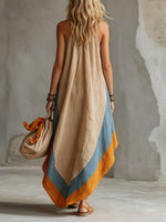 Women's Khaki Color-blocked Hem Cotton-linen Off-shoulder Maxi Dress