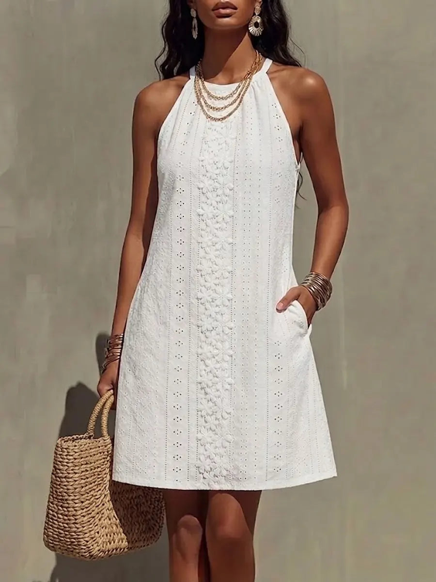 Halter Neck Embroidered Hollow-out A-line Mini Skirt