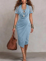 Women's Solid-color Cowl-neck Short-sleeve Casual Slim-fit Dress