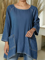 Women's Round Neck Long-sleeved Loose-fitting Casual Denim Top.