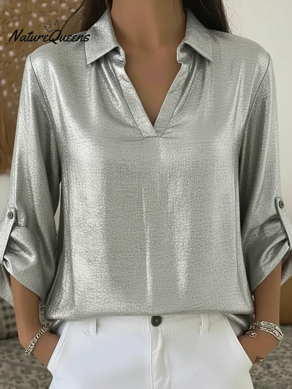 Women's V-neck Satin Shirt