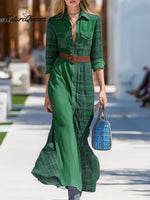 Women's Plaid Patchwork Shirt Collar Long-sleeved Casual Loose Cotton And Linen Dress