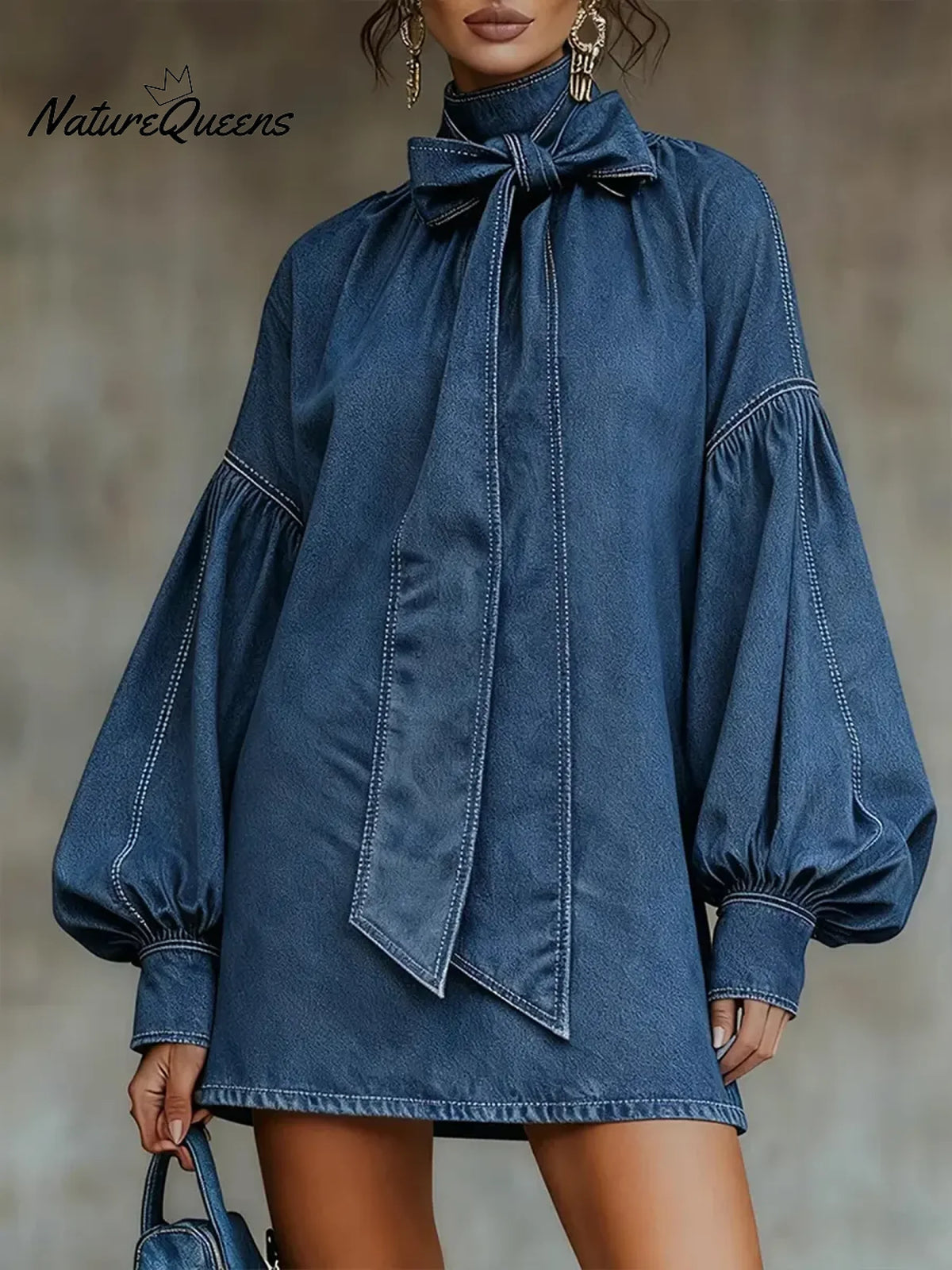 Women's High-neck, Bow-tie, Puff-sleeve Denim Cotton Mini Dress
