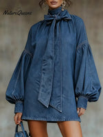 Women's High-neck, Bow-tie, Puff-sleeve Denim Cotton Mini Dress