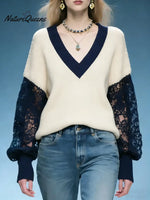 Women's Color-block Lace-paneled V-neck Long-sleeved Casual Loose-fitting Knitted Sweater