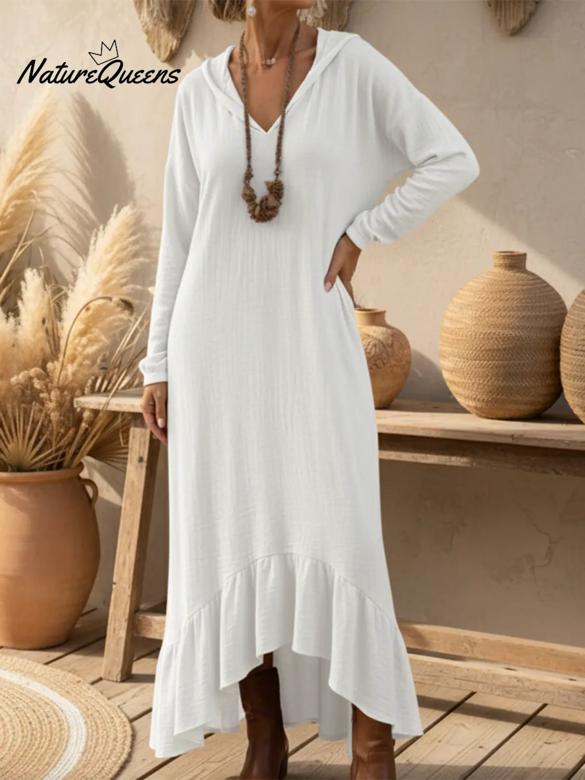Boho Casual Loose-fitting Hooded Ruffled Hem Linen Dress
