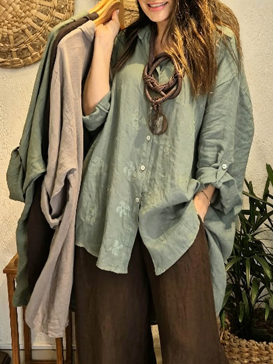 Women's Casual Loose Cotton-linen Cardigan With Shirt Collar And Long Sleeves