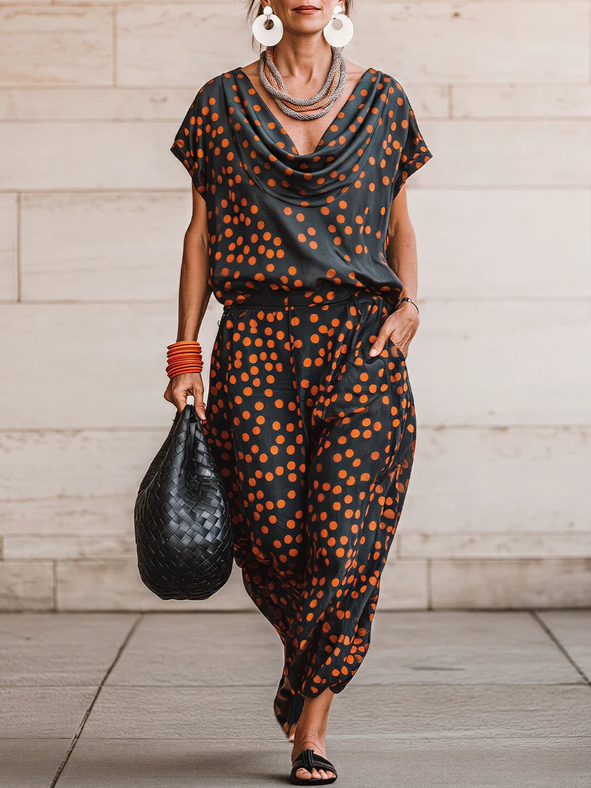 Casual & Cozy Polka-dot Cowl-neck Top And Pants Two-piece Set
