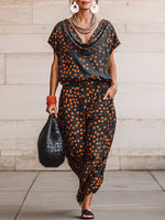 Casual & Cozy Polka-dot Cowl-neck Top And Pants Two-piece Set