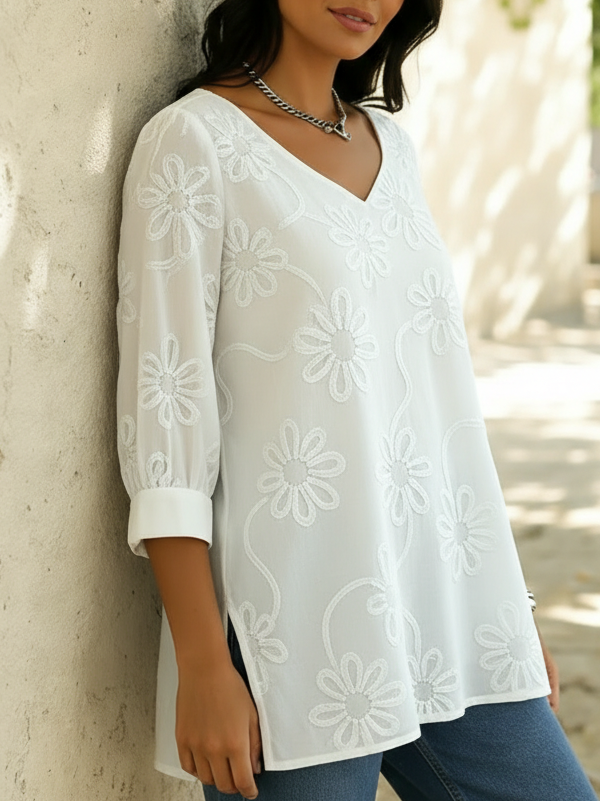 Casual Loose-fitting Floral Embroidery Cotton Shirt Blouse