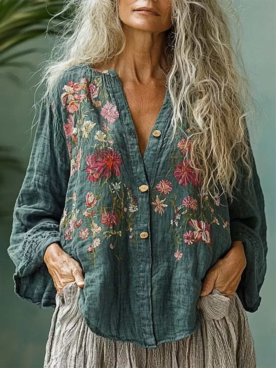 Retro Floral Print V-neck Single-breasted Cotton-linen Top