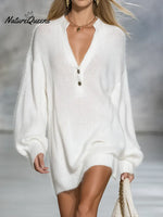 Women's Cozy V-neck Knit Sweater Dress