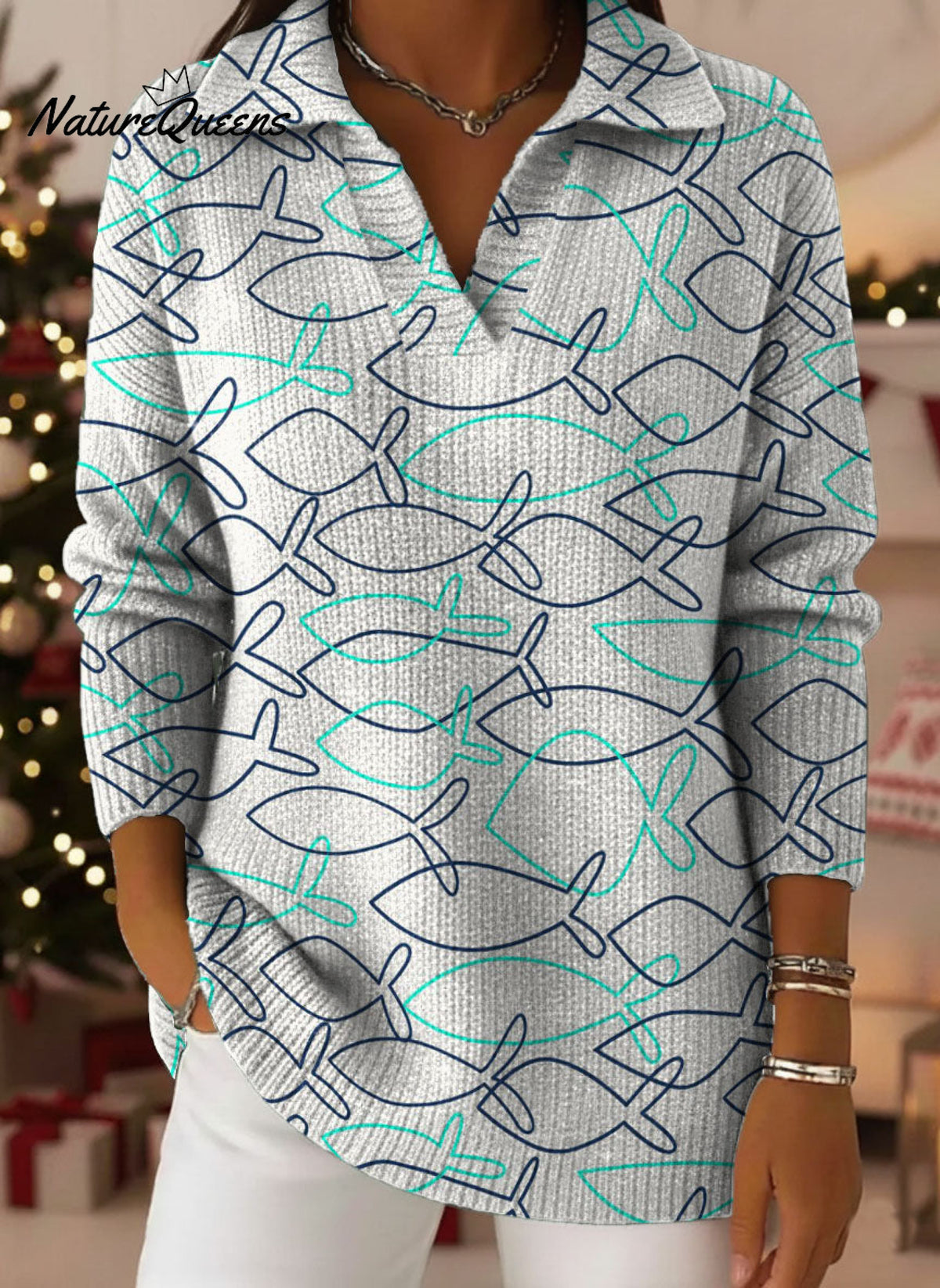 Women's Line Drawing Fish Decorative Pattern Casual Shirt Collar Long Sleeve Sweater