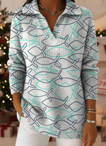 Women's Line Drawing Fish Decorative Pattern Casual Shirt Collar Long Sleeve Sweater