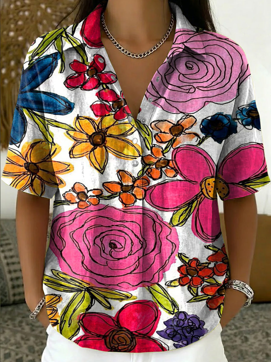 Women's Hand-drawn Floral Print Cotton Shirt — Loose-fit, Casual Short-sleeve Top With Lapel Collar