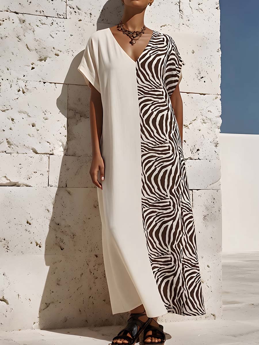 Women's Zebra-print V-neck Short-sleeve Casual Loose Cotton-linen Dress