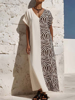 Women's Zebra-print V-neck Short-sleeve Casual Loose Cotton-linen Dress