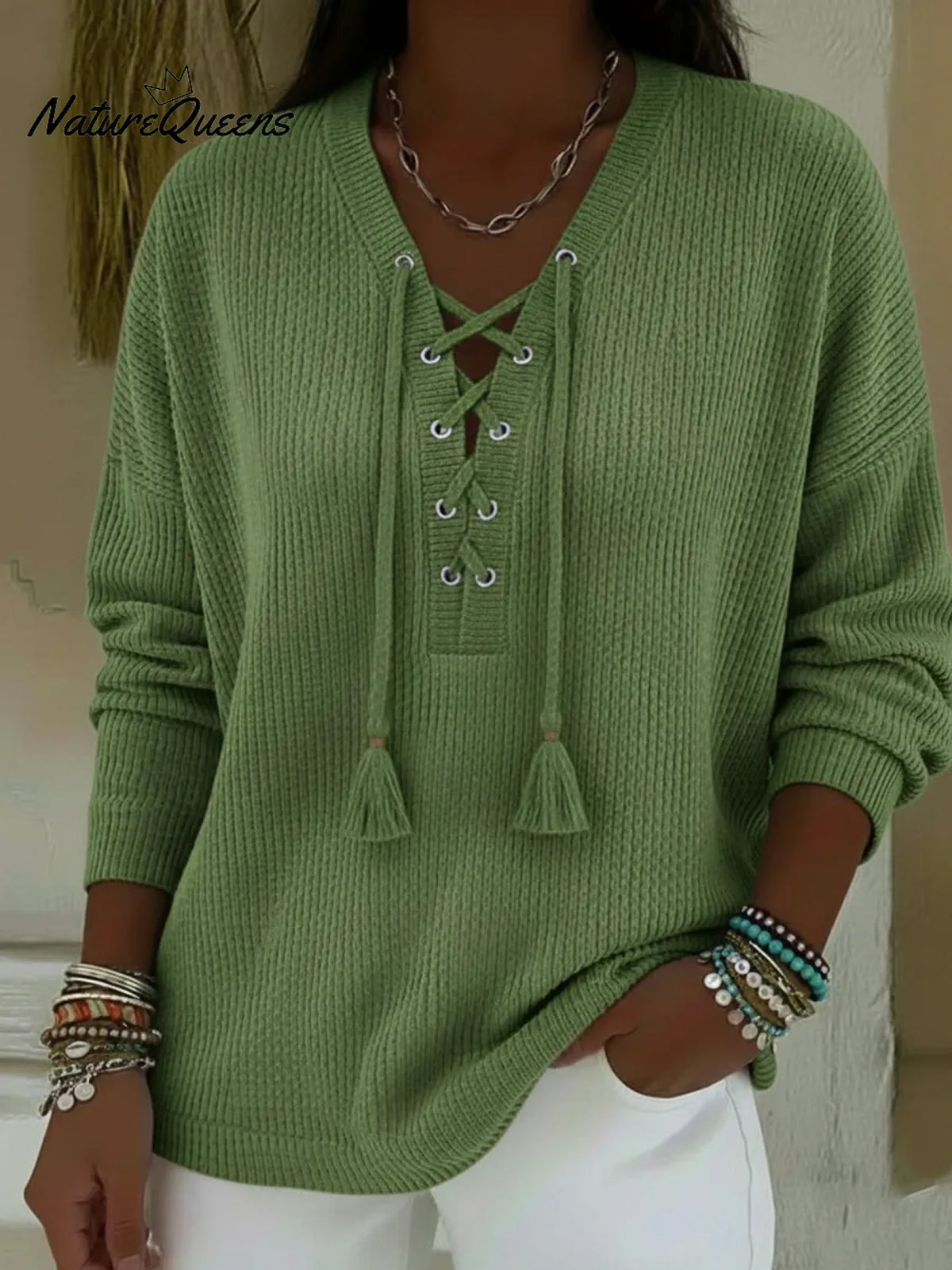 Boho Style Casual V-neck Drawstring Tassel Pullover